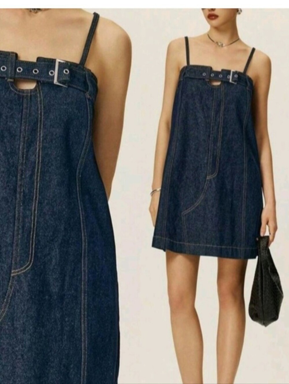 Dark Blue Denim Buckle Strap Mini Dress